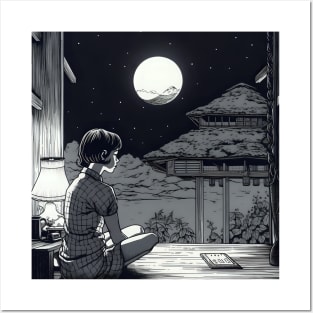 Lonely woman looking at moon on balcony Posters and Art